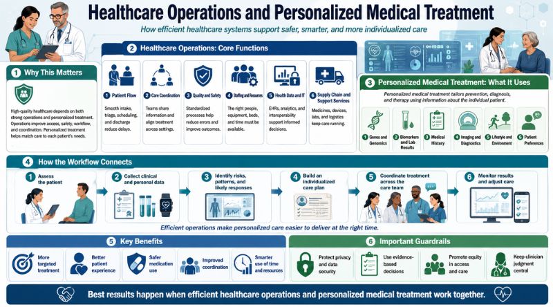 Healthcare Operations and Personalized Medical Treatment Make a professional, relevant and creative infographic on the above-mentioned text or topic accurately. Don’t make any spelling mistake. C